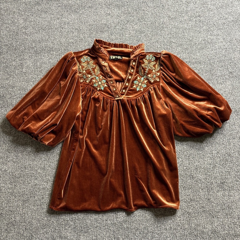 THML Blouse Womens XS Orange Rust Velvet Embroidered Floral Puff Sleeve Boho Top